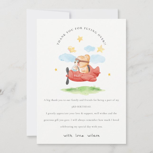 Cute Fly Over Teddy Bear Animal Plane Birthday Thank You Card (Front)