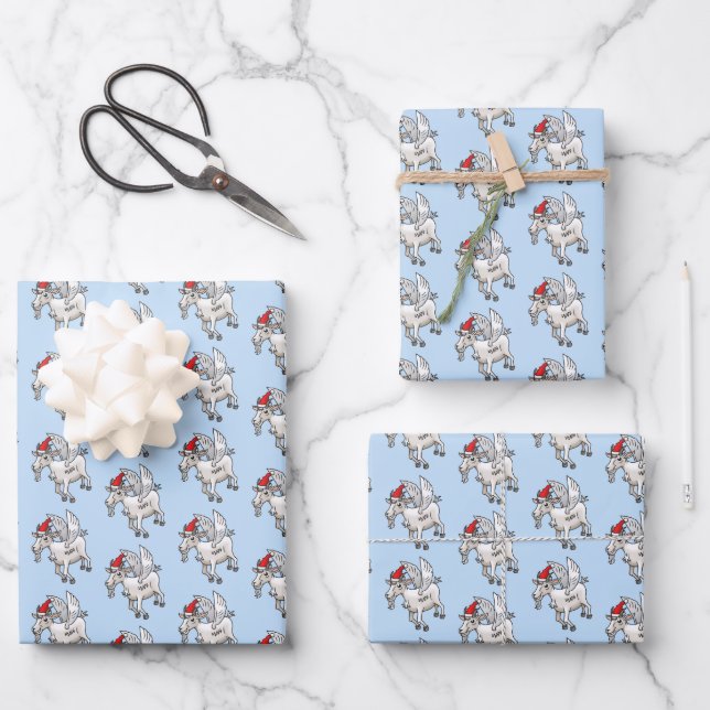 Cute Flying Christmas Goat Wrapping Paper Sheet (Front)