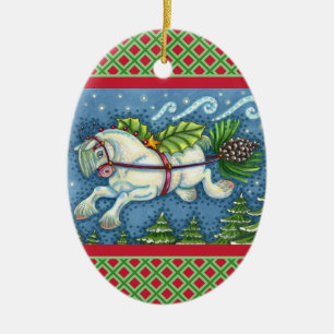 CUTE FLYING CHRISTMAS PONY PULLING PINECONE SLEIGH CERAMIC ORNAMENT
