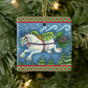 CUTE FLYING CHRISTMAS PONY PULLING PINECONE SLEIGH CERAMIC ORNAMENT