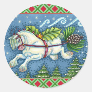 CUTE FLYING CHRISTMAS PONY PULLING PINECONE SLEIGH CLASSIC ROUND STICKER