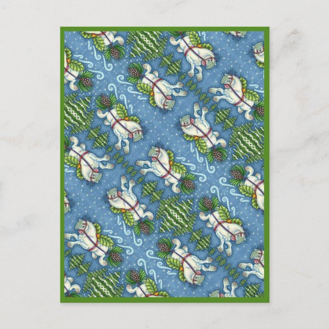 CUTE FLYING CHRISTMAS PONY PULLING PINECONE SLEIGH POSTCARD (Front)