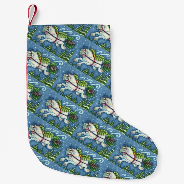 CUTE FLYING CHRISTMAS PONY PULLING PINECONE SLEIGH SMALL CHRISTMAS STOCKING (Front)