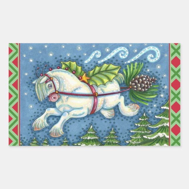 CUTE FLYING CHRISTMAS PONY PULLING PINECONE SLEIGH STICKER (Front)