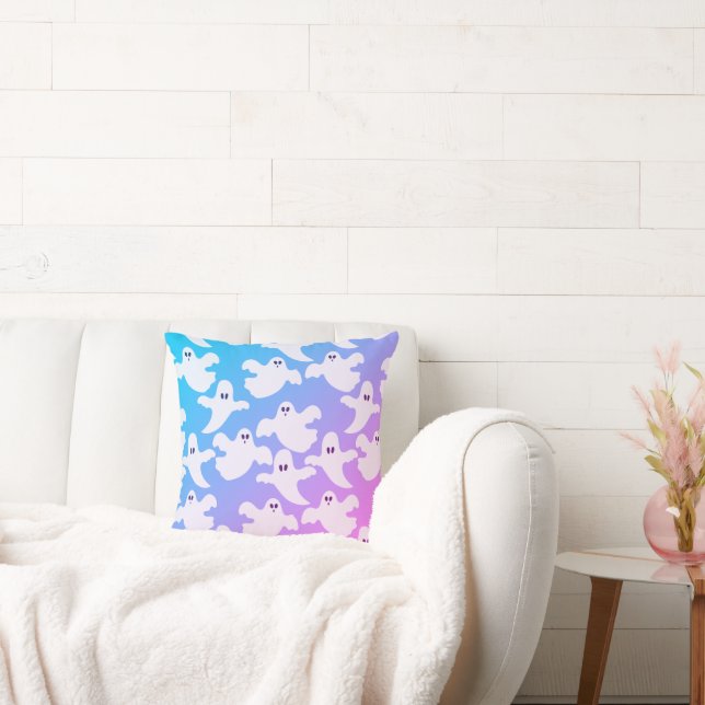 Cute Flying Ghosts Light Blue and Pink Halloween Throw Pillow (Couch)