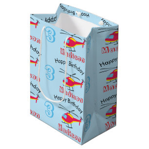 Cute Flying Helicopter Birthday Name & Age Medium Gift Bag