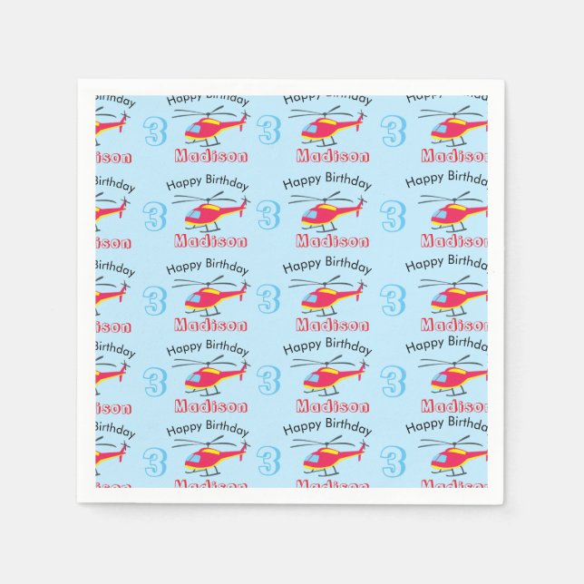Cute Flying Helicopter Birthday Name & Age Napkin (Front)