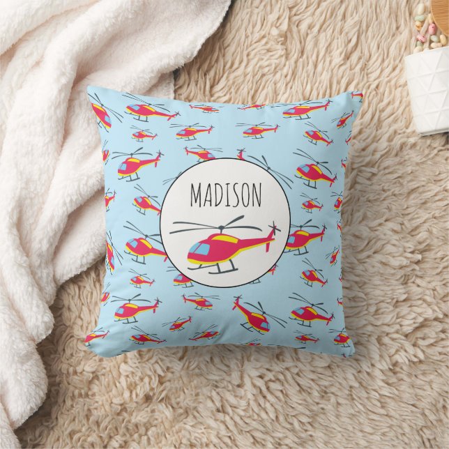 Cute Flying Helicopter Custom Name Throw Pillow (Blanket)