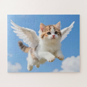 Cute Flying Kitten Calico Tabby Blue Sky Jigsaw Puzzle