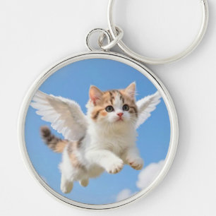 Cute Flying Kitten Calico Tabby Blue Sky Keychain