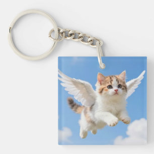Cute Flying Kitten Calico Tabby Blue Sky Keychain