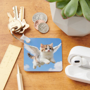 Cute Flying Kitten Calico Tabby Blue Sky Keychain