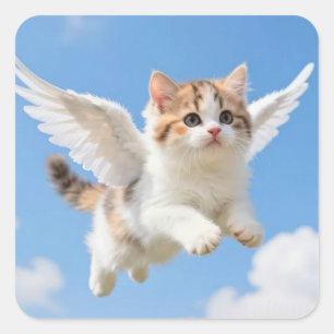Cute Flying Kitten Calico Tabby Blue Sky Square Sticker