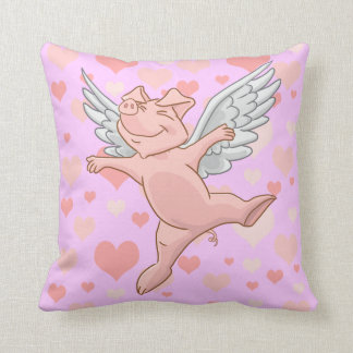 Cute Flying Pig and Pink Hearts Throw Pillow
