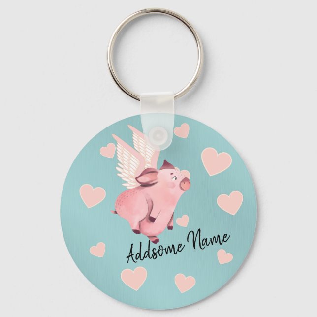 Cute Flying Pig with Wings When Pigs Fly Keychain (Front)
