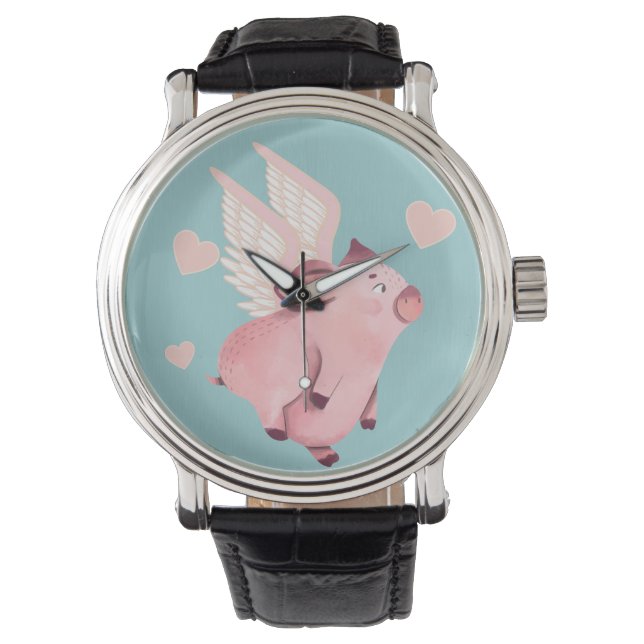 Cute Flying Pig with Wings When Pigs Fly Teal Watch (Front)