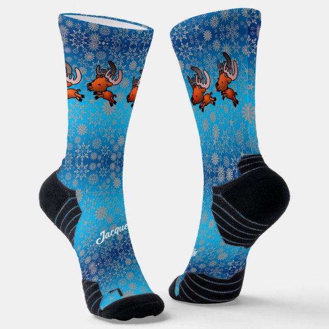 Cute Flying Reindeer and Snow on Blue Socks (Angled)