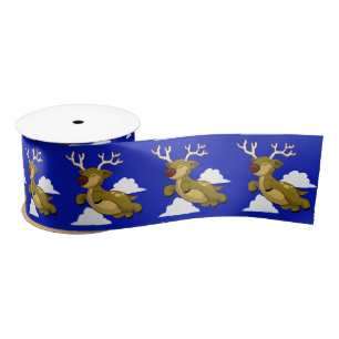 Cute Flying Reindeer White Clouds on Blue Satin Ribbon