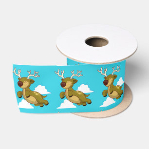 Cute Flying Reindeer with White Clouds Satin Ribbon