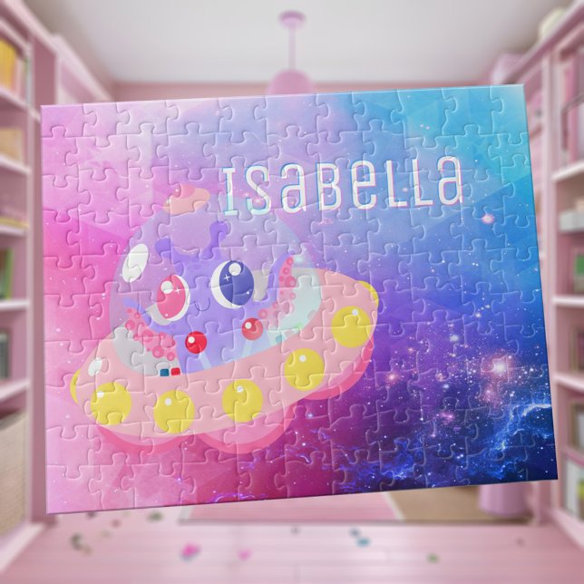 Cute Flying Saucer Space Alien Pink Blue Girl Name Jigsaw Puzzle (Cute pink and purple space alien flying saucer jigsaw puzzle personalized with little girl's name)