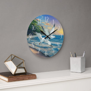 cute flying seagull lovers beach house  large clock