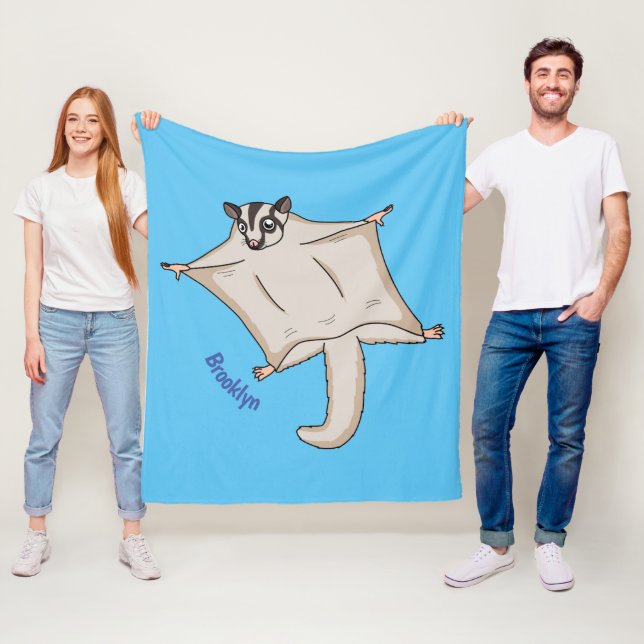 Cute flying sugar glider cartoon illustration fleece blanket (In Situ)