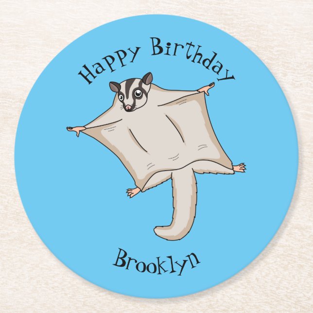 Cute flying sugar glider cartoon illustration  round paper coaster (Front)