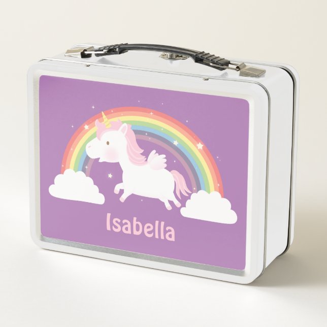 Cute Flying Unicorn and Rainbow Girls Personalized Metal Lunch Box (Back)