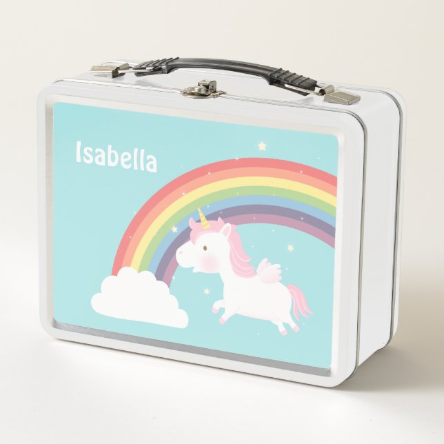 Cute Flying Unicorn Rainbow Girls Personalized Metal Lunch Box (Front)