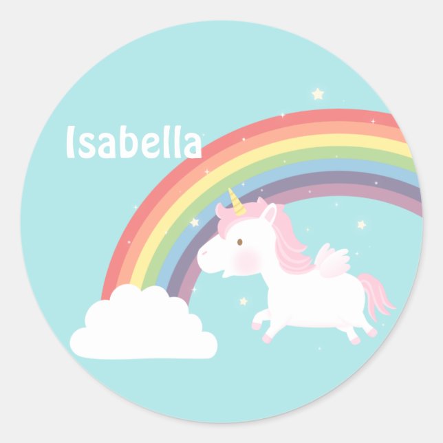 Cute Flying Unicorn Rainbow Personalized Classic Round Sticker (Front)