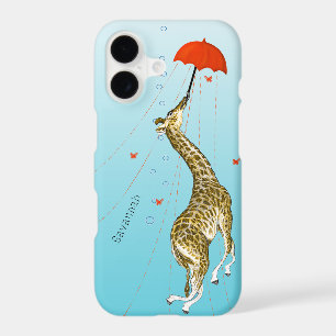 Cute Flying Vintage Giraffe with Umbrella on Aqua