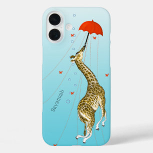 Cute Flying Vintage Giraffe with Umbrella on Aqua iPhone 16 Plus Case