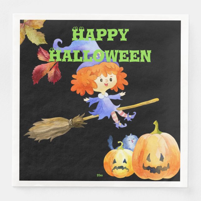 Cute Flying Watercolor Witch Halloween Napkin (Front)