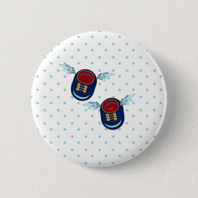 Cute flying winged little baby shoes in blue & red 2 inch round button (Front)