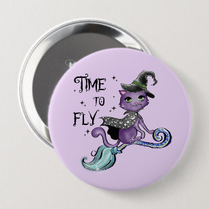 Cute Flying Witch Cat   Time To Fly 4 Inch Round Button