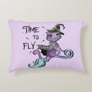 Cute Flying Witch Cat Time To Fly Accent Pillow