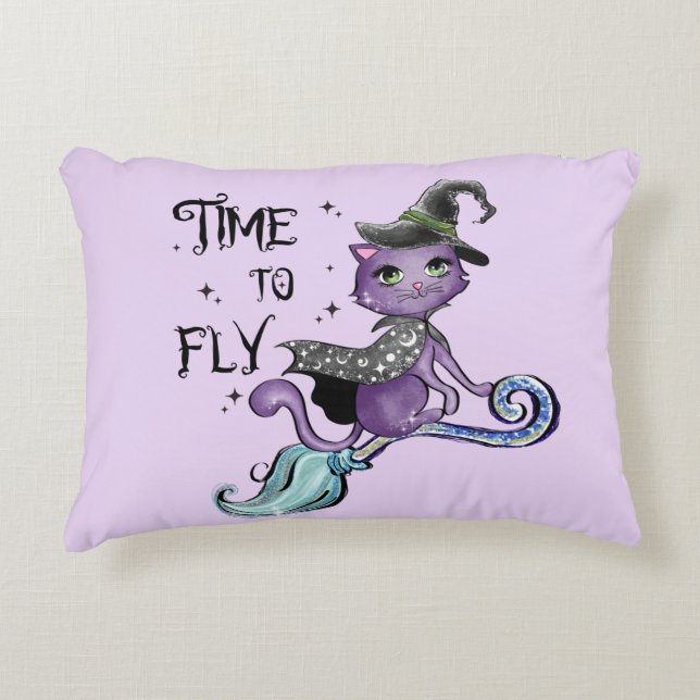 Cute Flying Witch Cat | Time To Fly Accent Pillow (Front)