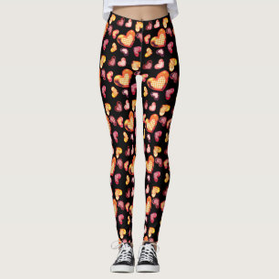 Cute Foil Textured Heart Plaid Pattern Black Leggings