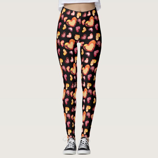 Cute Foil Textured Heart Plaid Pattern Black Leggings (Front)