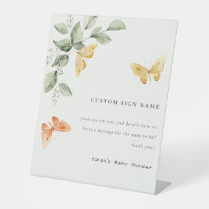 Cute Foliage Butterflies Baby Shower Custom Party Pedestal Sign