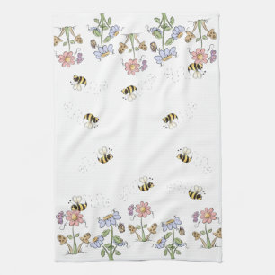 Cute Folk Art Bees Daisies Butterflies Kitchen Towel