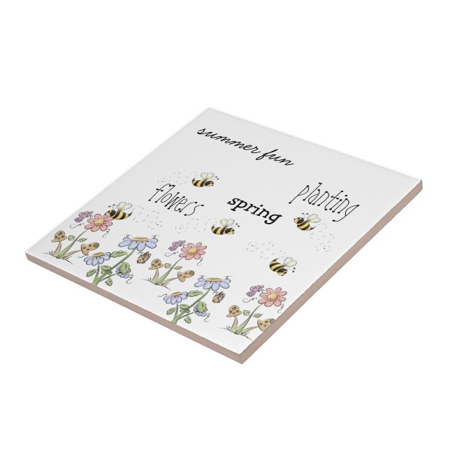 Cute Folk Art Bees Daisies Butterflies Tile (Side)