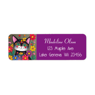 Cute Folk Art Black Cat and Flowers