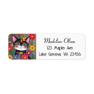Cute Folk Art Black Cat and Flowers