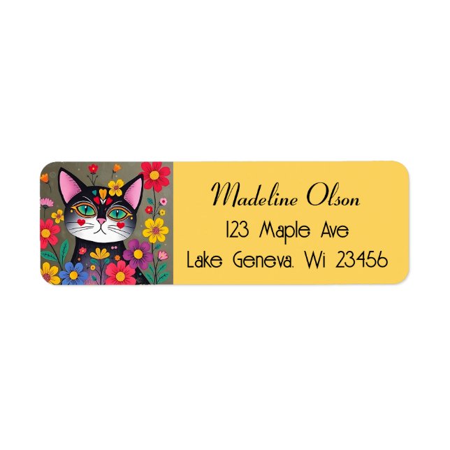 Cute Folk Art Black Cat and Flowers (Front)