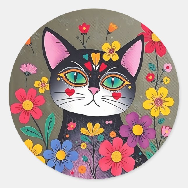 Cute Folk Art Black Cat and Flowers Classic Round Sticker (Front)