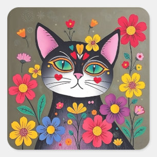 Cute Folk Art Black Cat and Flowers Square Sticker