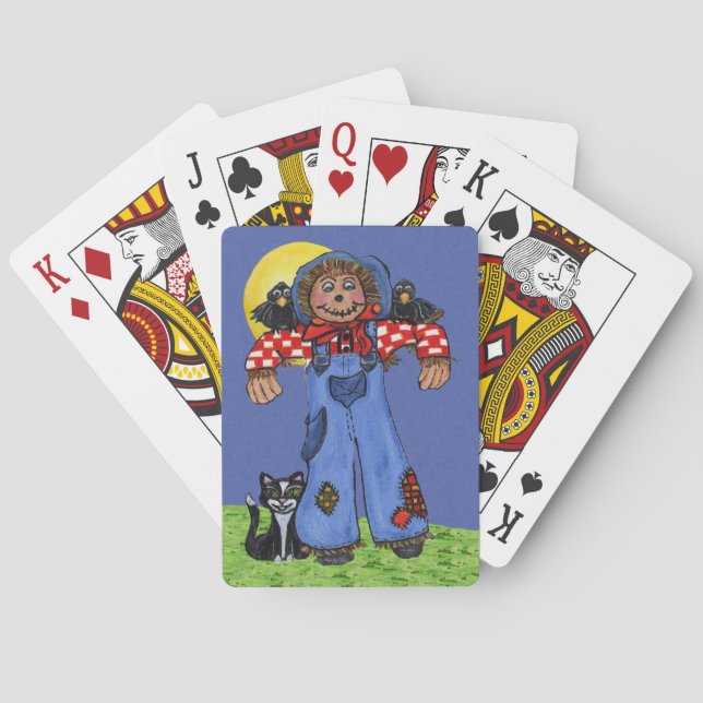 Cute Folk Art Blue Jeans Scarecrow Crows Halloween Playing Cards (Back)