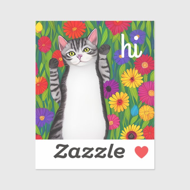 Cute Folk Art Cat saying Hi among Flowers (Sheet)