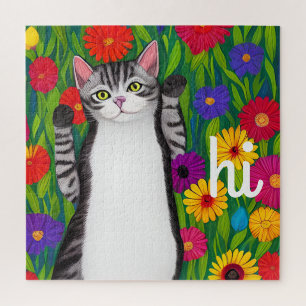 Cute Folk Art Cat saying Hi among Flowers Jigsaw Puzzle